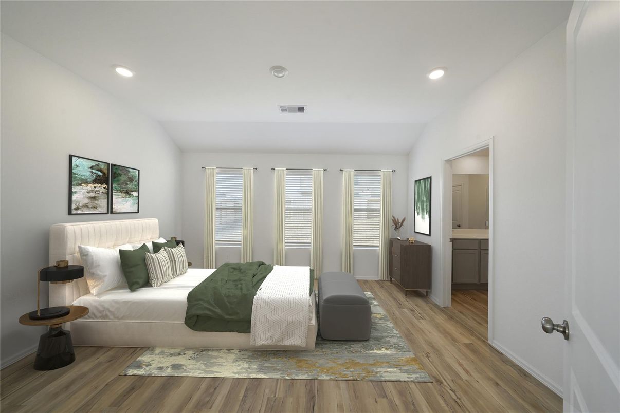Bedroom, Interior, Recessed Lighting, Wood Texture Flooring