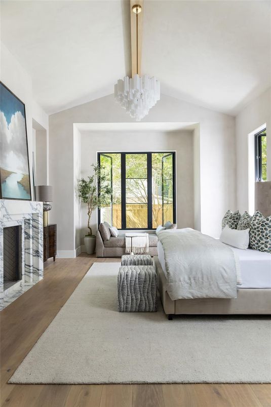 Bedroom, Chandelier, Interior, Wood Texture Flooring
