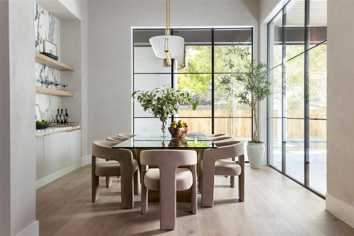 Dining room, Interior, Pendant Lights, Wood Texture Flooring
