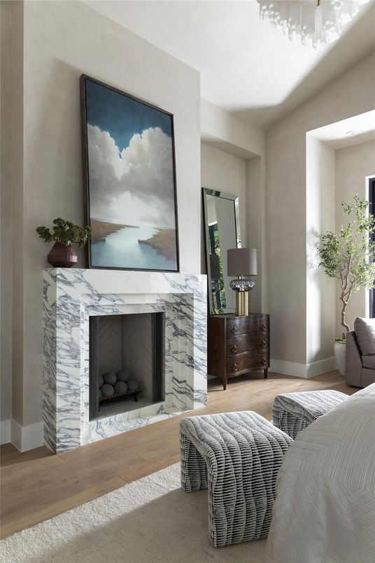 Bedroom, Fireplace, Interior, Wood Texture Flooring