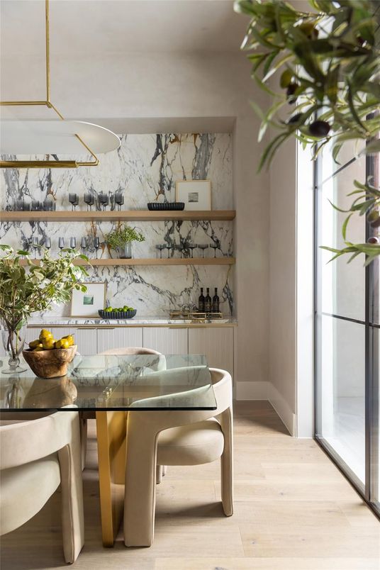 Dining room, Interior, Marble Walls, Wood Texture Flooring