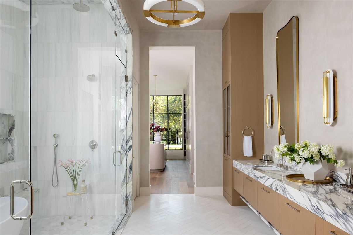 Bathroom, Dual Sink Vanities, Glass Shower, Interior, Wood Texture Flooring