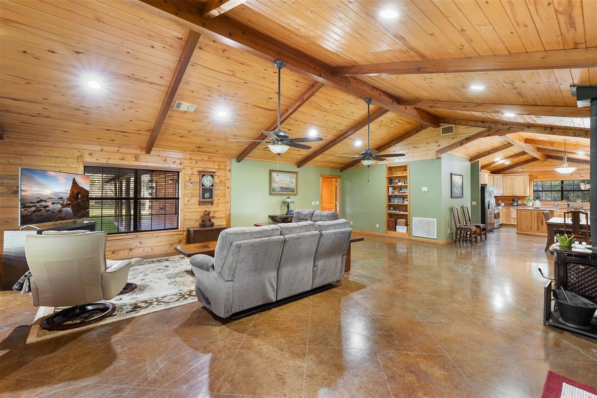 Dining room, Interior, Kitchen, Living room, Pendant Lights, Recessed Lighting, Wooden Beams, Wooden Ceilings, Wooden Walls