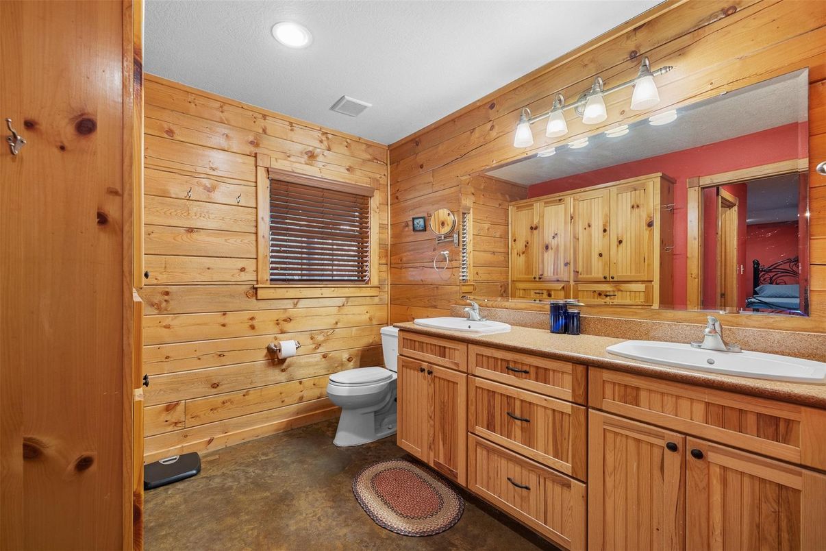 Bathroom, Dual Sink Vanities, Interior, Recessed Lighting, Wooden Walls