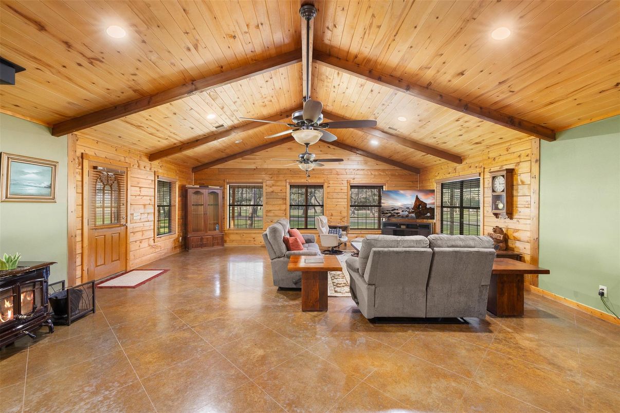 Fireplace, Interior, Living room, Recessed Lighting, Stone Walls, Wooden Beams, Wooden Ceilings, Wooden Walls