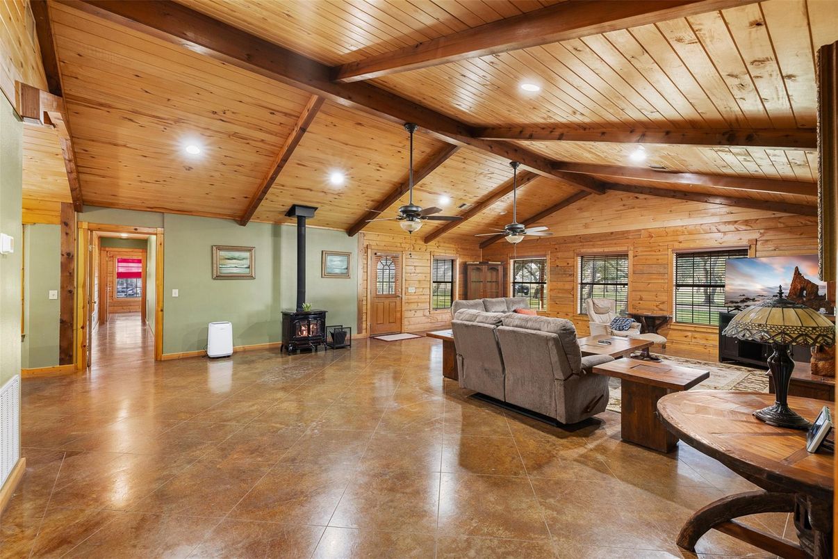 Fireplace, Interior, Living room, Recessed Lighting, Stone Walls, Wooden Beams, Wooden Ceilings, Wooden Walls