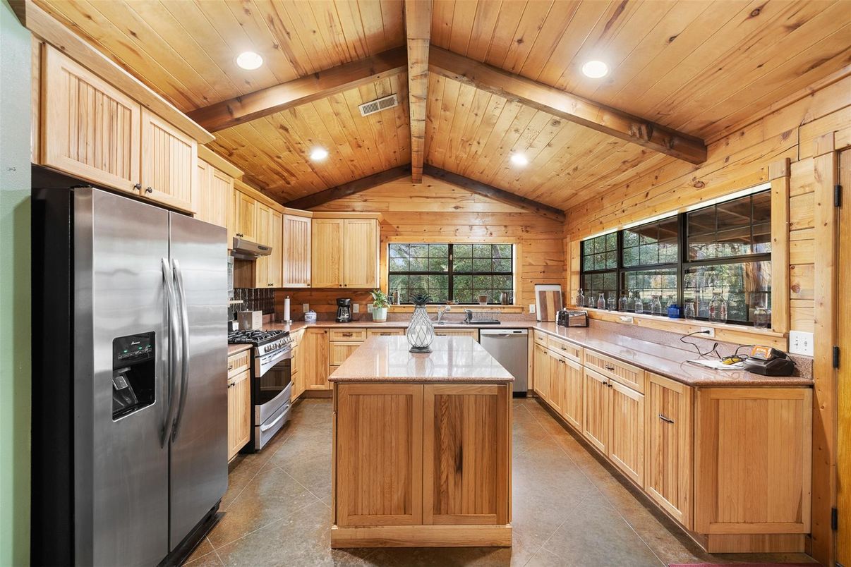 Interior, Kitchen, Recessed Lighting, Stainless Steel Appliances, Wooden Beams, Wooden Ceilings, Wooden Walls