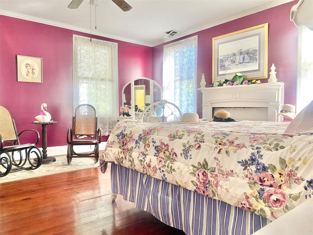 Bedroom, Fireplace, Interior, Wood Texture Flooring