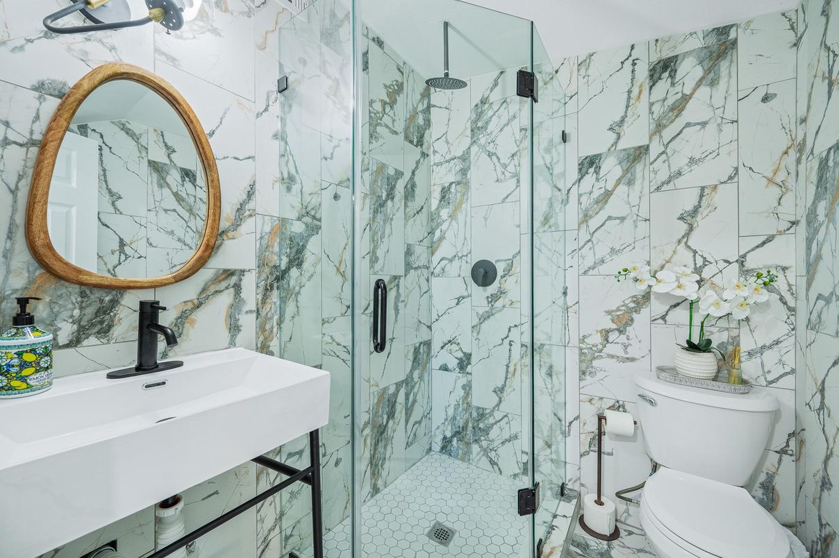 Bathroom, Glass Shower, Interior, Marble Walls