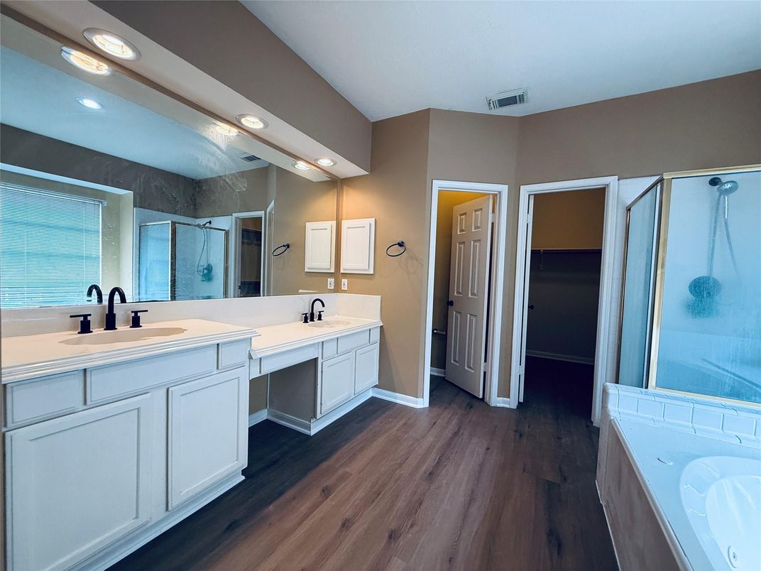 Bathroom, Dual Sink Vanities, Interior, Recessed Lighting, Wood Texture Flooring