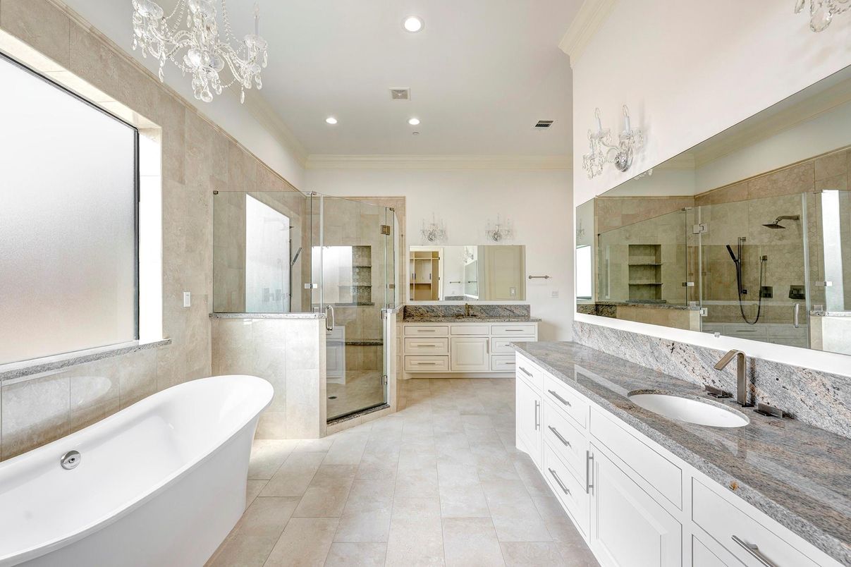 Bathroom, Dual Sink Vanities, Free Standing Baths, Glass Shower, Interior, Recessed Lighting