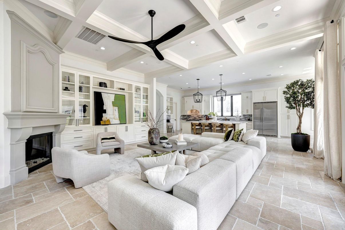 Fireplace, Interior, Kitchen, Living room, Pendant Lights, Recessed Lighting
