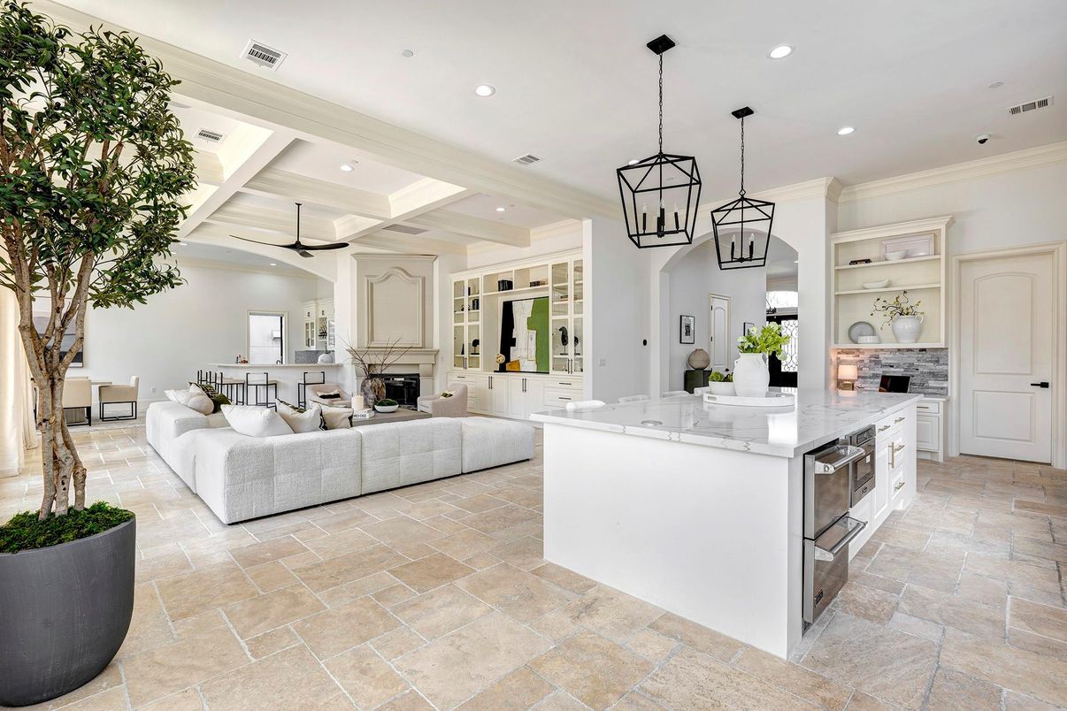 Fireplace, Interior, Kitchen, Living room, Pendant Lights, Recessed Lighting