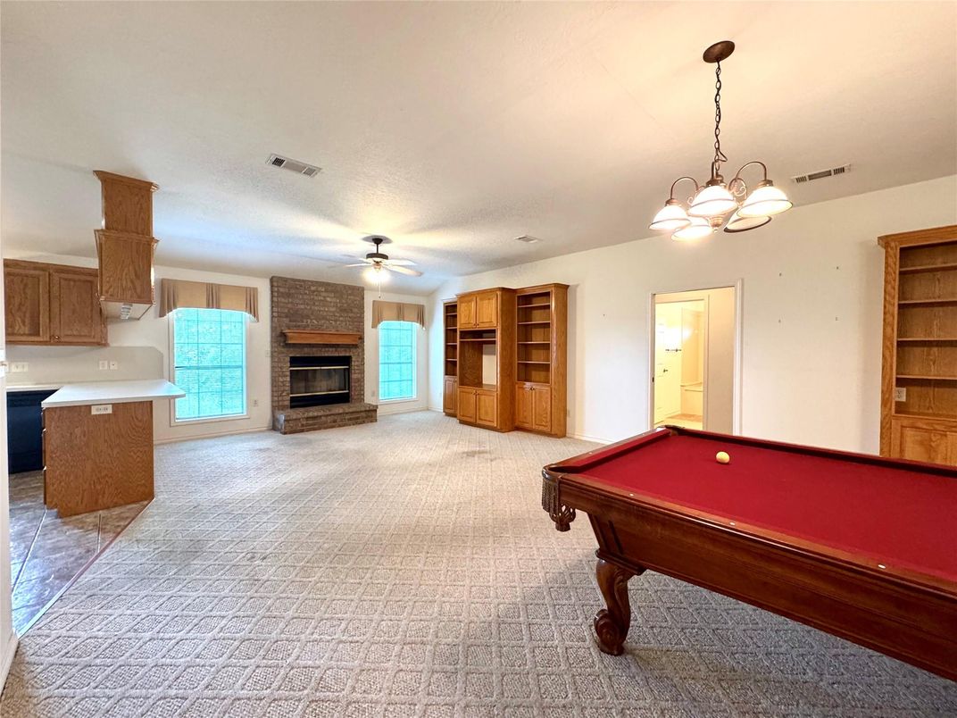 Billiard Table, Chandelier, Fireplace, Game Room, Interior, Kitchen, Pendant Lights
