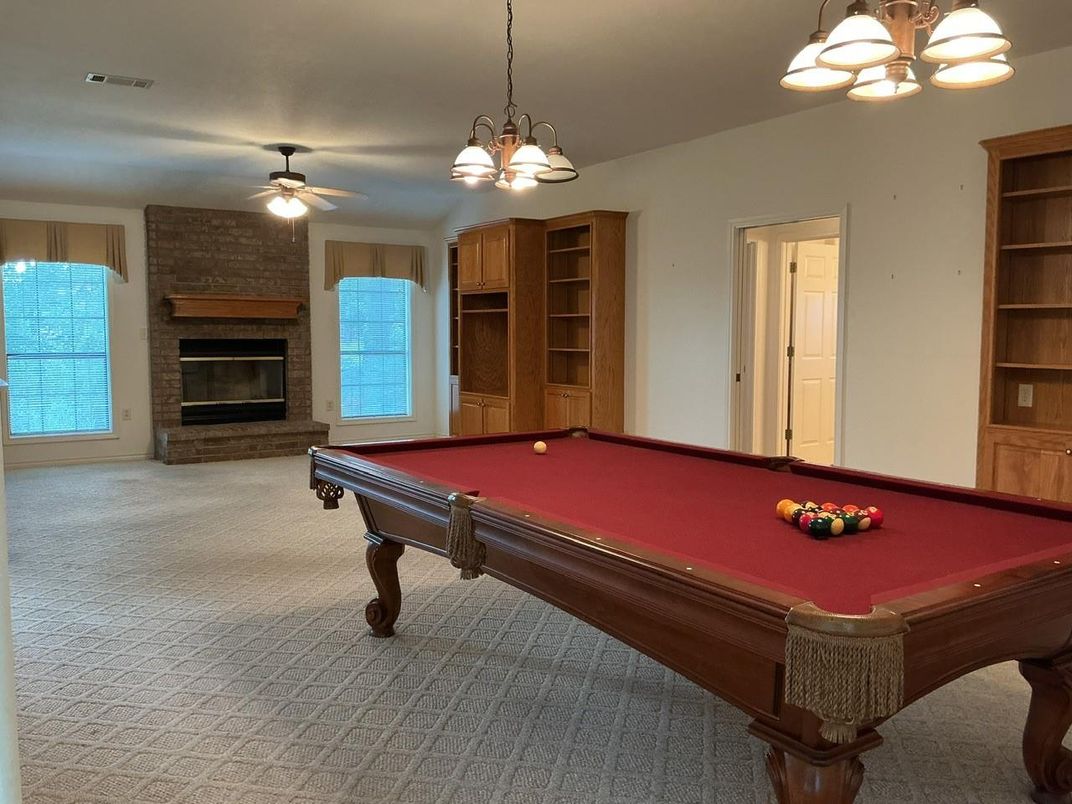 Billiard Table, Fireplace, Game Room, Interior, Pendant Lights, Stone Walls