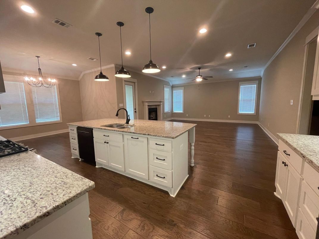 Chandelier, Interior, Kitchen, Pendant Lights, Recessed Lighting, Wood Texture Flooring