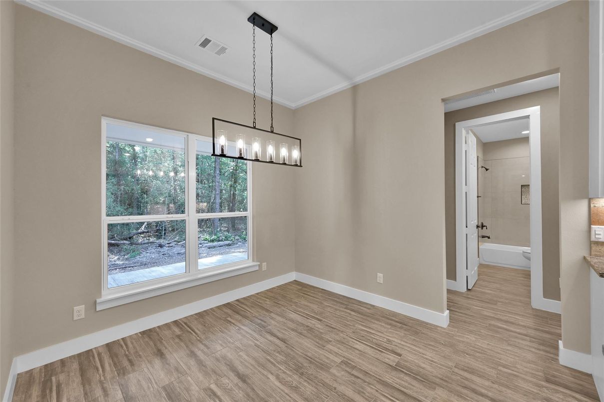 Bathroom, Chandelier, Empty room, Interior, Pendant Lights, Recessed Lighting, Wood Texture Flooring