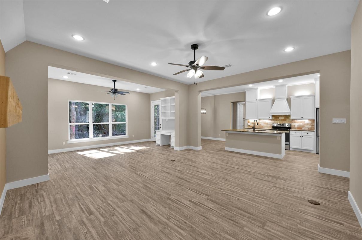 Empty room, Interior, Kitchen, Recessed Lighting, Wood Texture Flooring