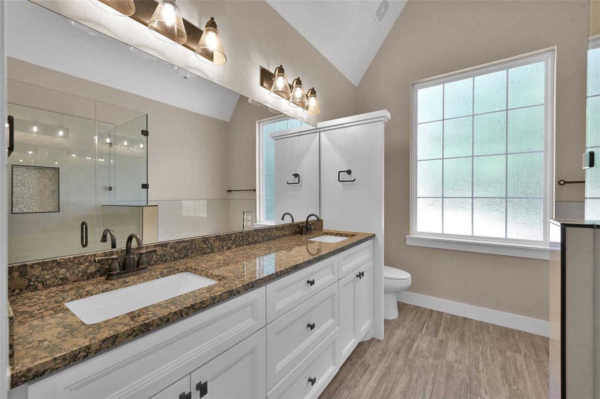 Bathroom, Dual Sink Vanities, Glass Shower, Interior, Wood Texture Flooring