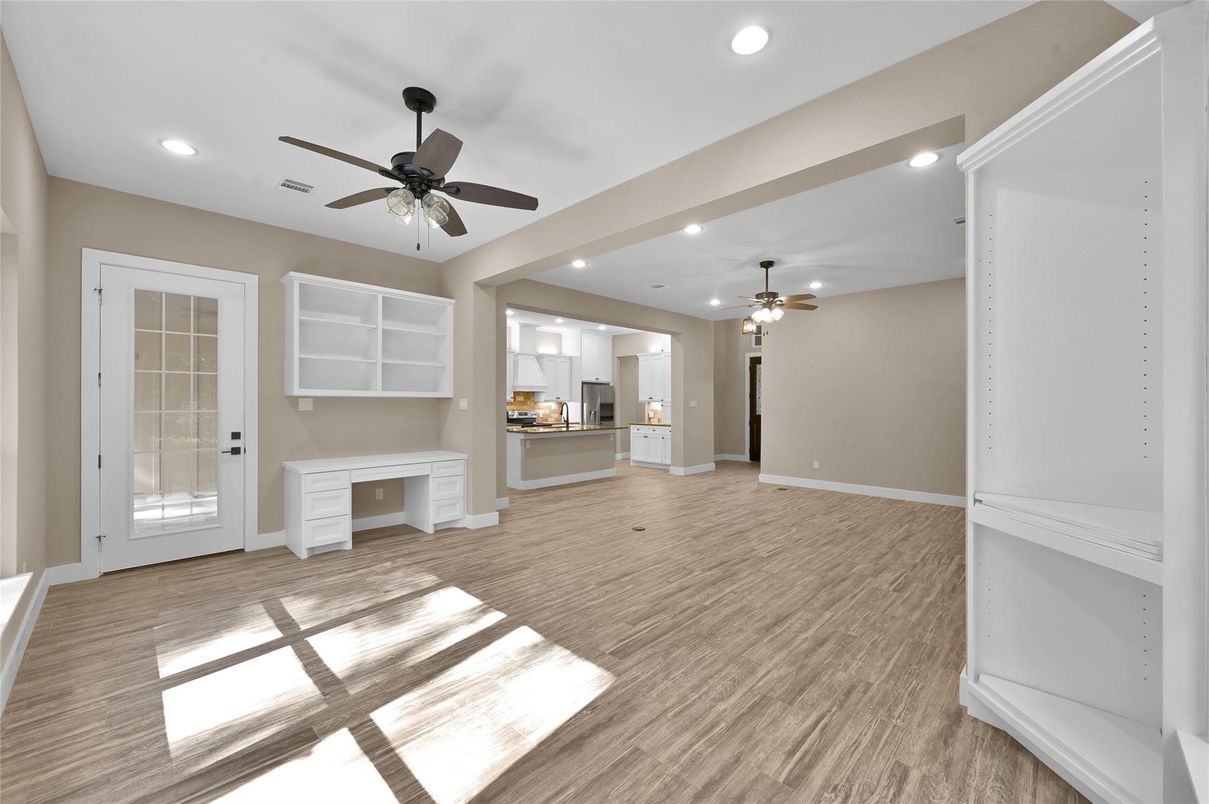 Empty room, Interior, Kitchen, Recessed Lighting, Wood Texture Flooring