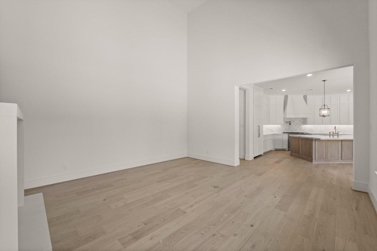 Empty room, Interior, Kitchen, Pendant Lights, Recessed Lighting, Wood Texture Flooring