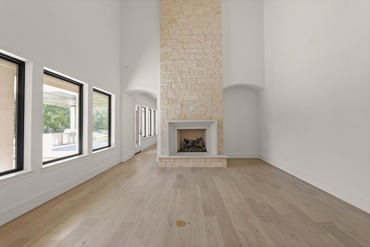 Empty room, Fireplace, Interior, Stone Walls, Wood Texture Flooring