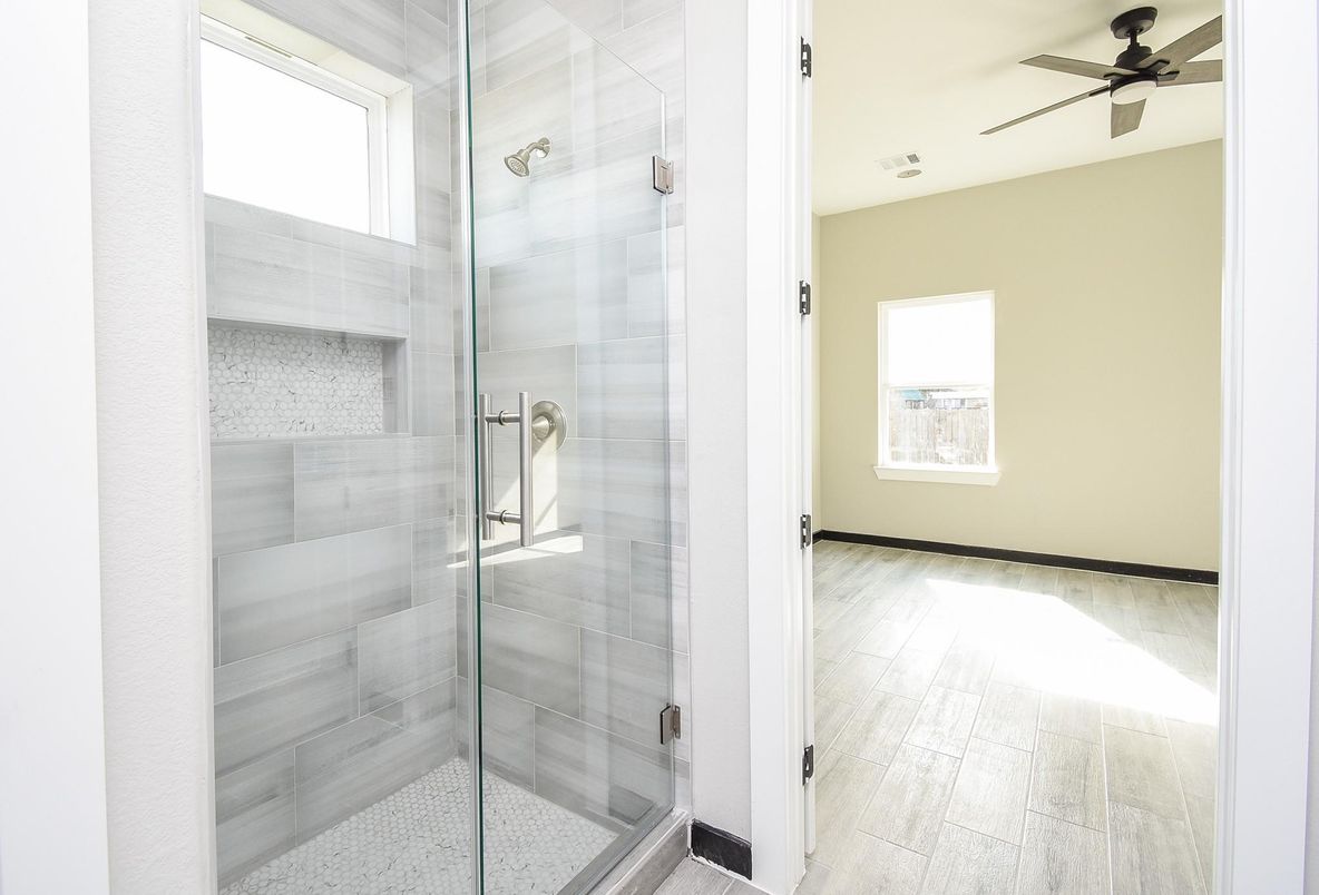 Bathroom, Glass Shower, Interior, Recessed Lighting, Wood Texture Flooring