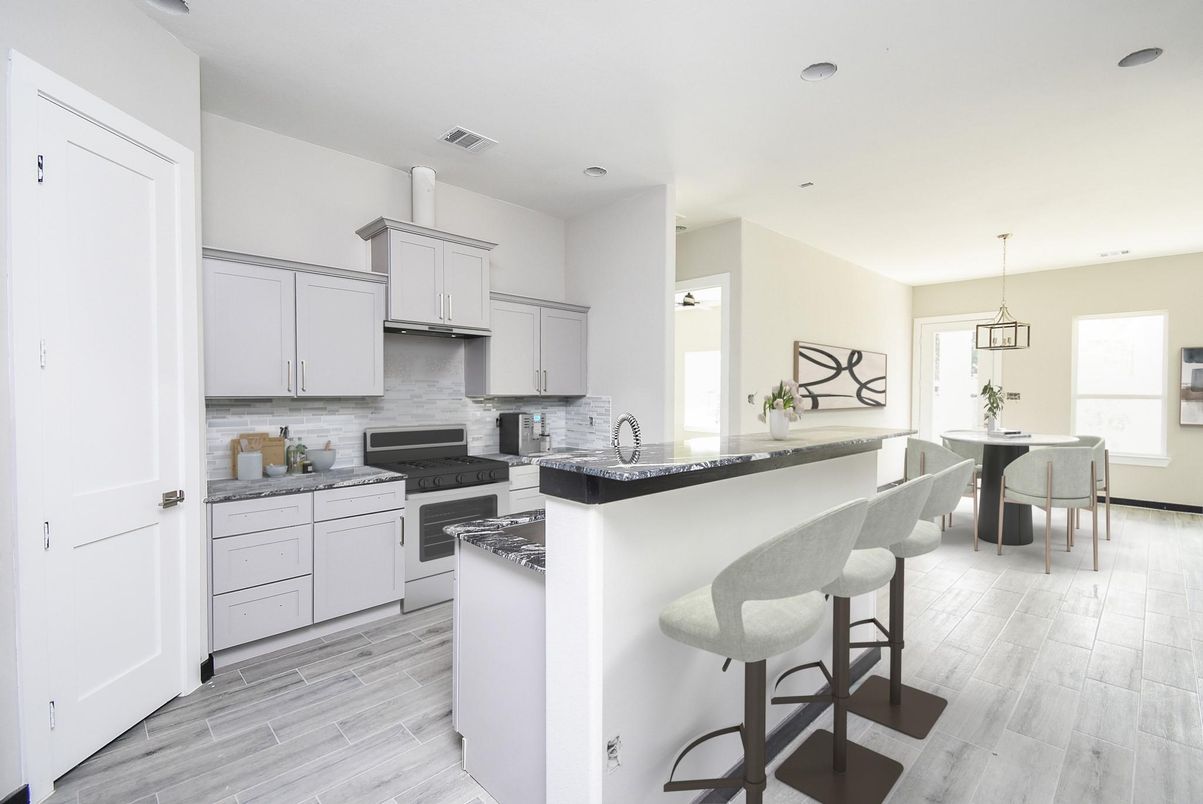 Dining room, Interior, Kitchen, Pendant Lights, Recessed Lighting, Wood Texture Flooring
