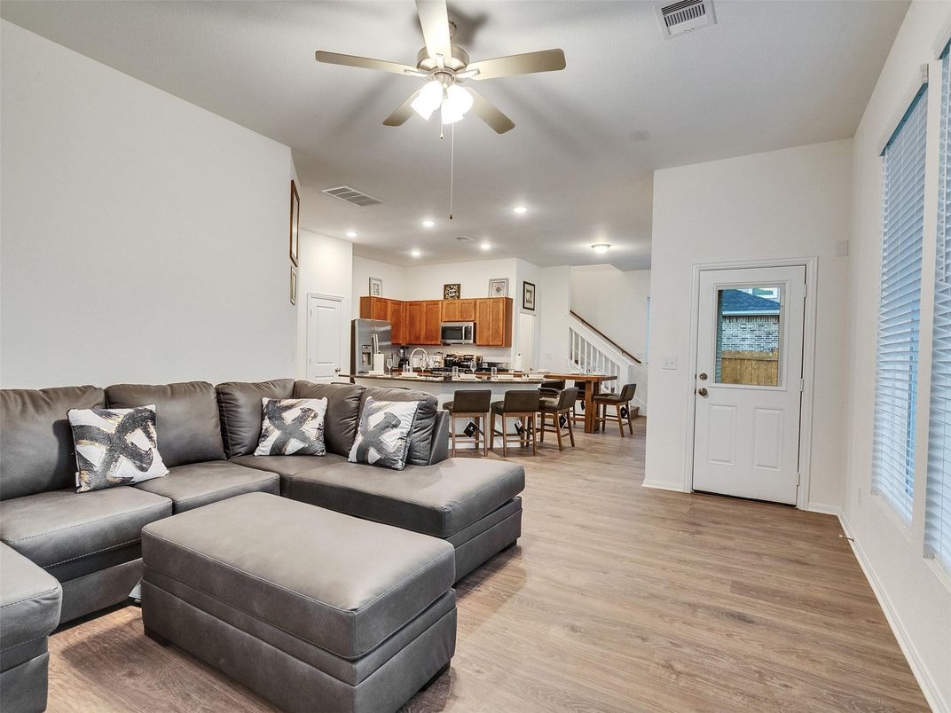 Dining room, Interior, Kitchen, Living room, Recessed Lighting, Wood Texture Flooring