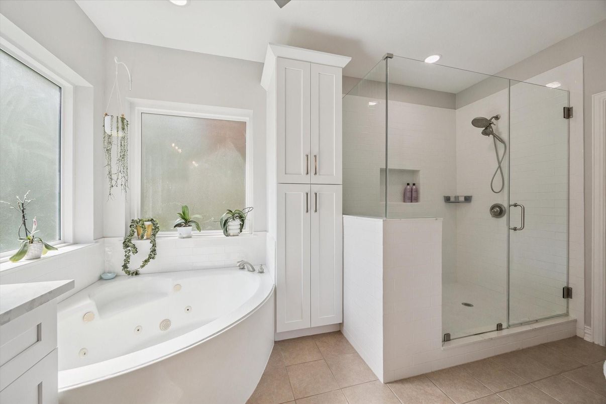 Bathroom, Free Standing Baths, Glass Shower, Interior, Recessed Lighting