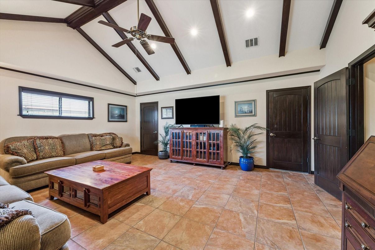 Interior, Living room, Recessed Lighting, Wooden Beams