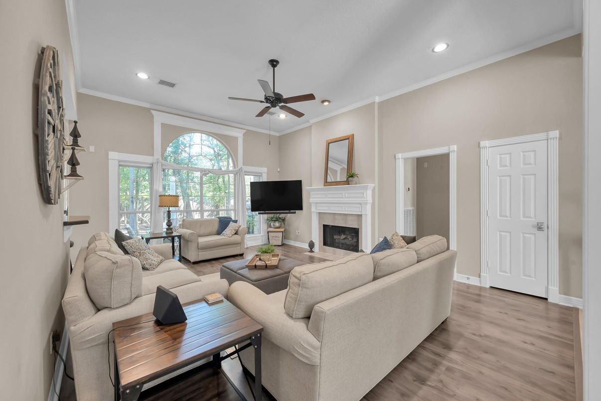 Fireplace, Interior, Living room, Recessed Lighting, Wood Texture Flooring