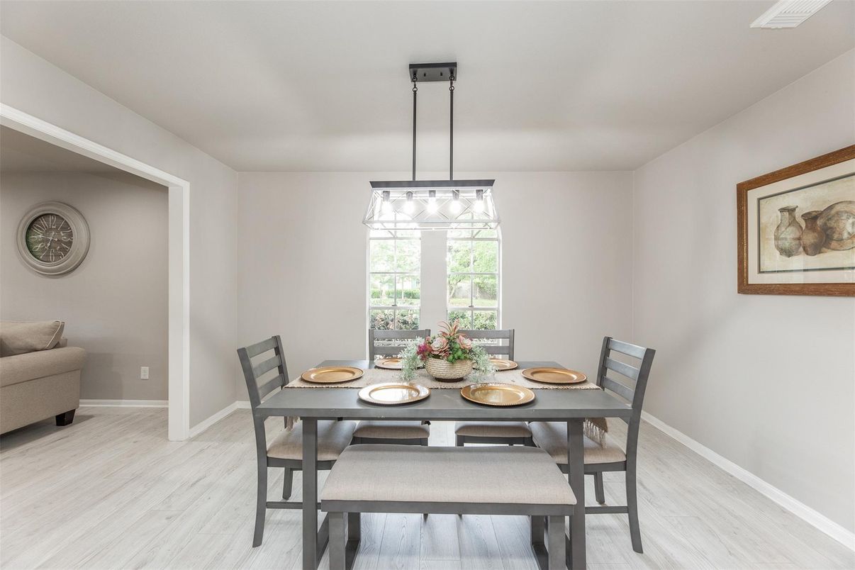 Dining room, Interior, Pendant Lights, Wood Texture Flooring