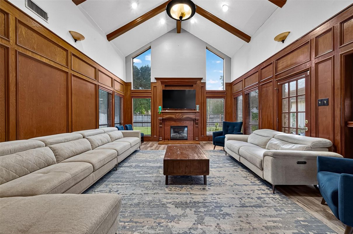 Fireplace, Interior, Living room, Recessed Lighting, Wooden Beams, Wood Texture Flooring, Wooden Walls