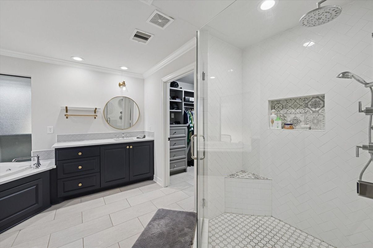 Bathroom, Dual Sink Vanities, Glass Shower, Interior, Recessed Lighting