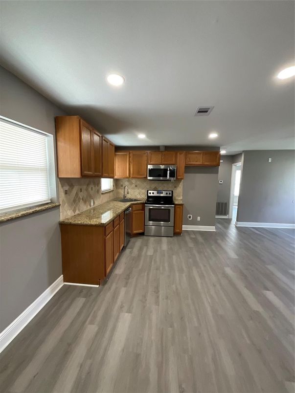 Interior, Kitchen, Recessed Lighting, Stainless Steel Appliances, Wood Texture Flooring