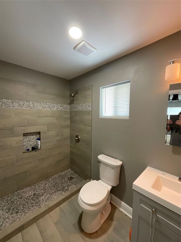 Bathroom, Glass Shower, Interior, Recessed Lighting, Wood Texture Flooring