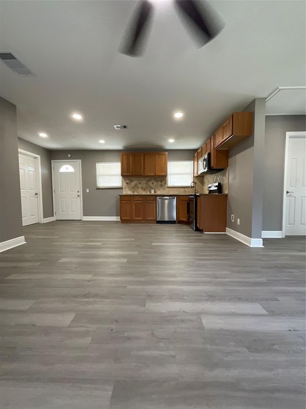 Interior, Kitchen, Recessed Lighting, Stainless Steel Appliances, Wood Texture Flooring
