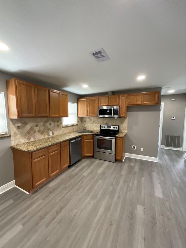 Interior, Kitchen, Recessed Lighting, Stainless Steel Appliances, Wood Texture Flooring
