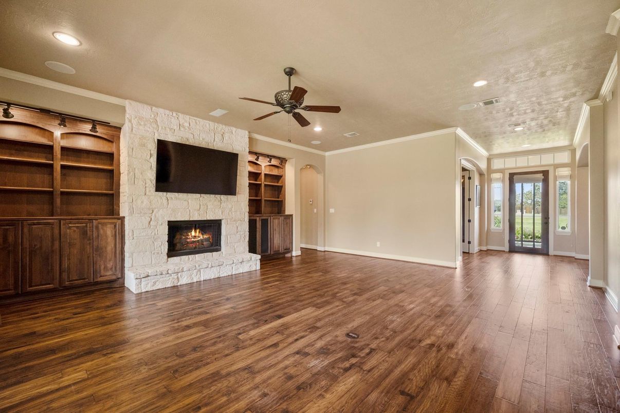 Empty room, Fireplace, Interior, Recessed Lighting, Wood Texture Flooring