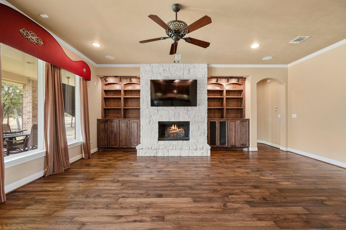 Empty room, Fireplace, Interior, Recessed Lighting, Wood Texture Flooring