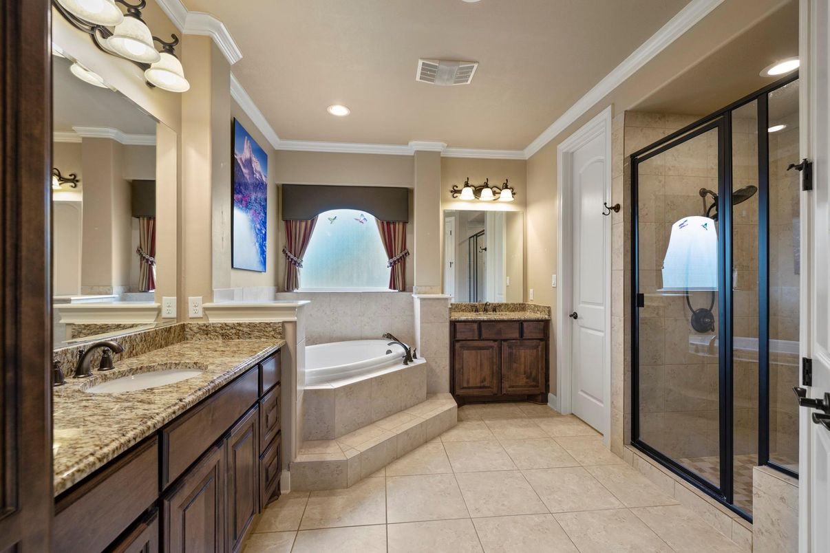 Bathroom, Dual Sink Vanities, Glass Shower, Interior, Recessed Lighting