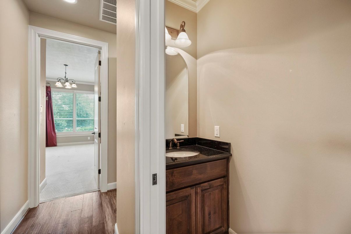 Bathroom, Chandelier, Interior, Recessed Lighting, Wood Texture Flooring