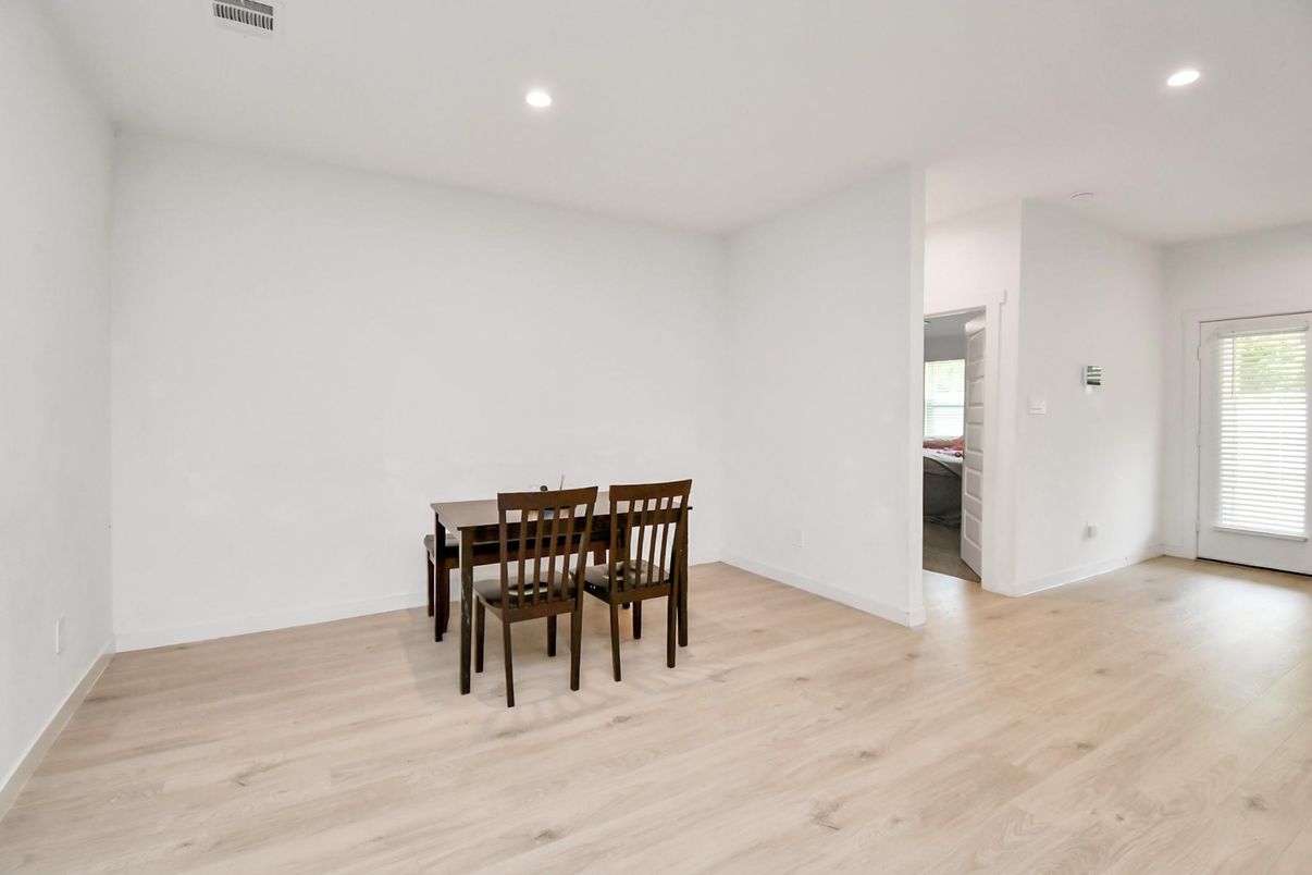 Dining room, Interior, Recessed Lighting, Wood Texture Flooring
