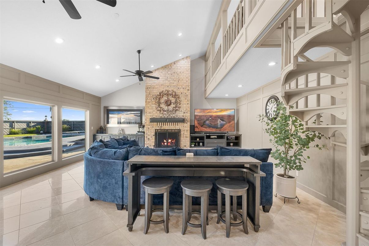 Fireplace, Interior, Recessed Lighting, Stone Walls