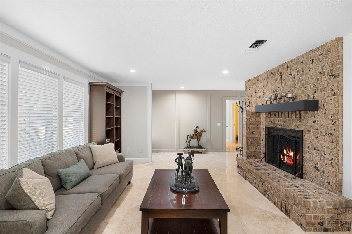Fireplace, Interior, Living room, Recessed Lighting, Stone Walls
