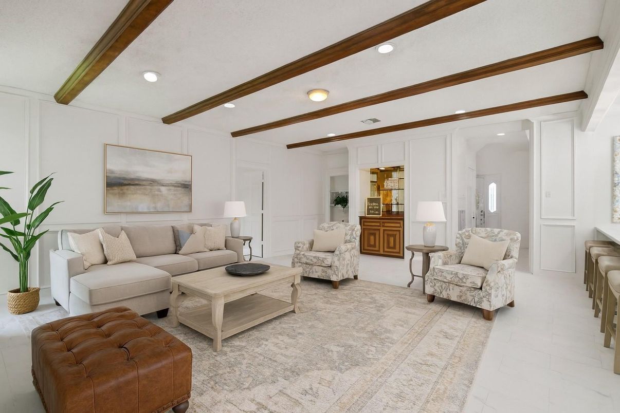 Interior, Living room, Recessed Lighting, Wooden Beams