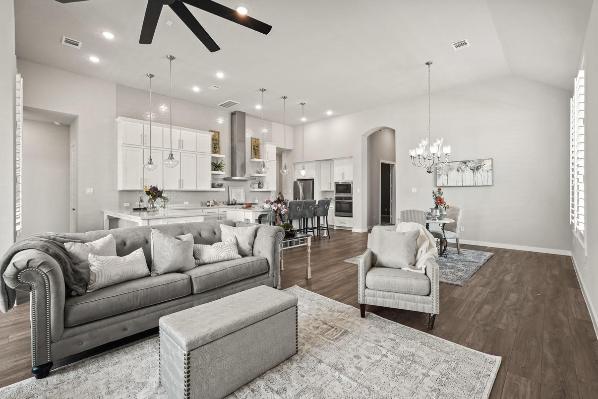 Dining room, Interior, Kitchen, Living room, Pendant Lights, Recessed Lighting, Stainless Steel Appliances, Wood Texture Flooring