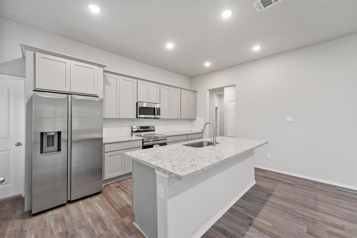 Interior, Kitchen, Recessed Lighting, Stainless Steel Appliances, Wood Texture Flooring