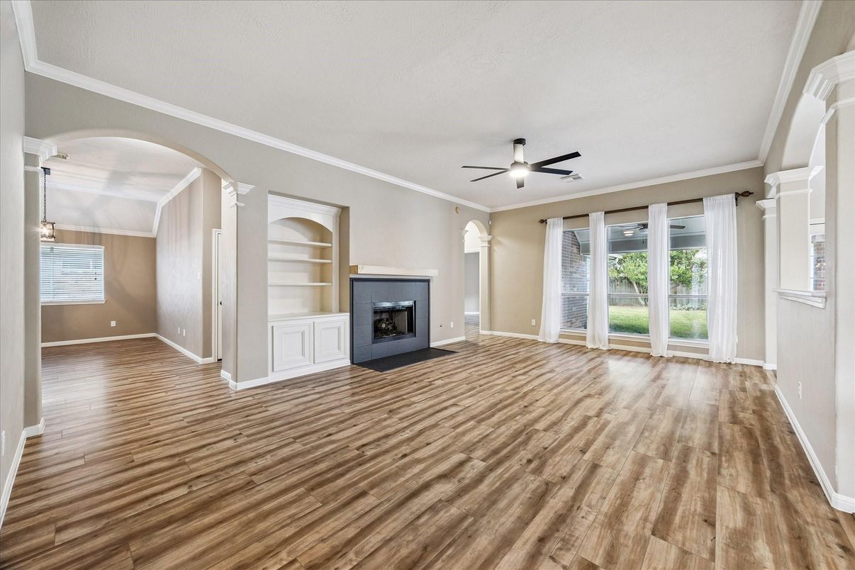 Empty room, Fireplace, Interior, Pendant Lights, Wood Texture Flooring